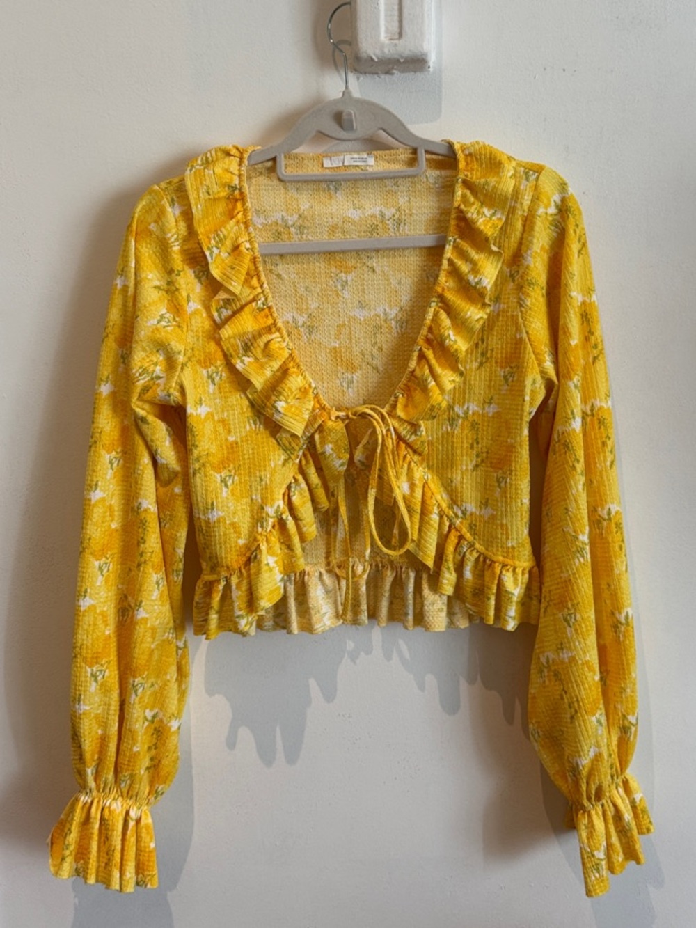 Zara Yellow Floral Ruffle Tie-Front Crop Top